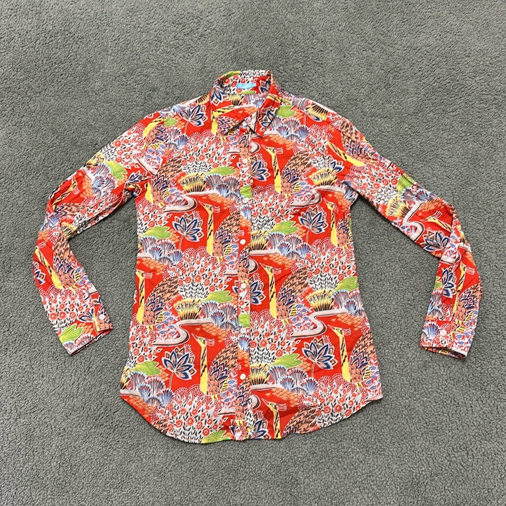 J. MCLAUGHLIN Peacock Garden Floral Colorful Button Up Cotton Blouse Shirt XS